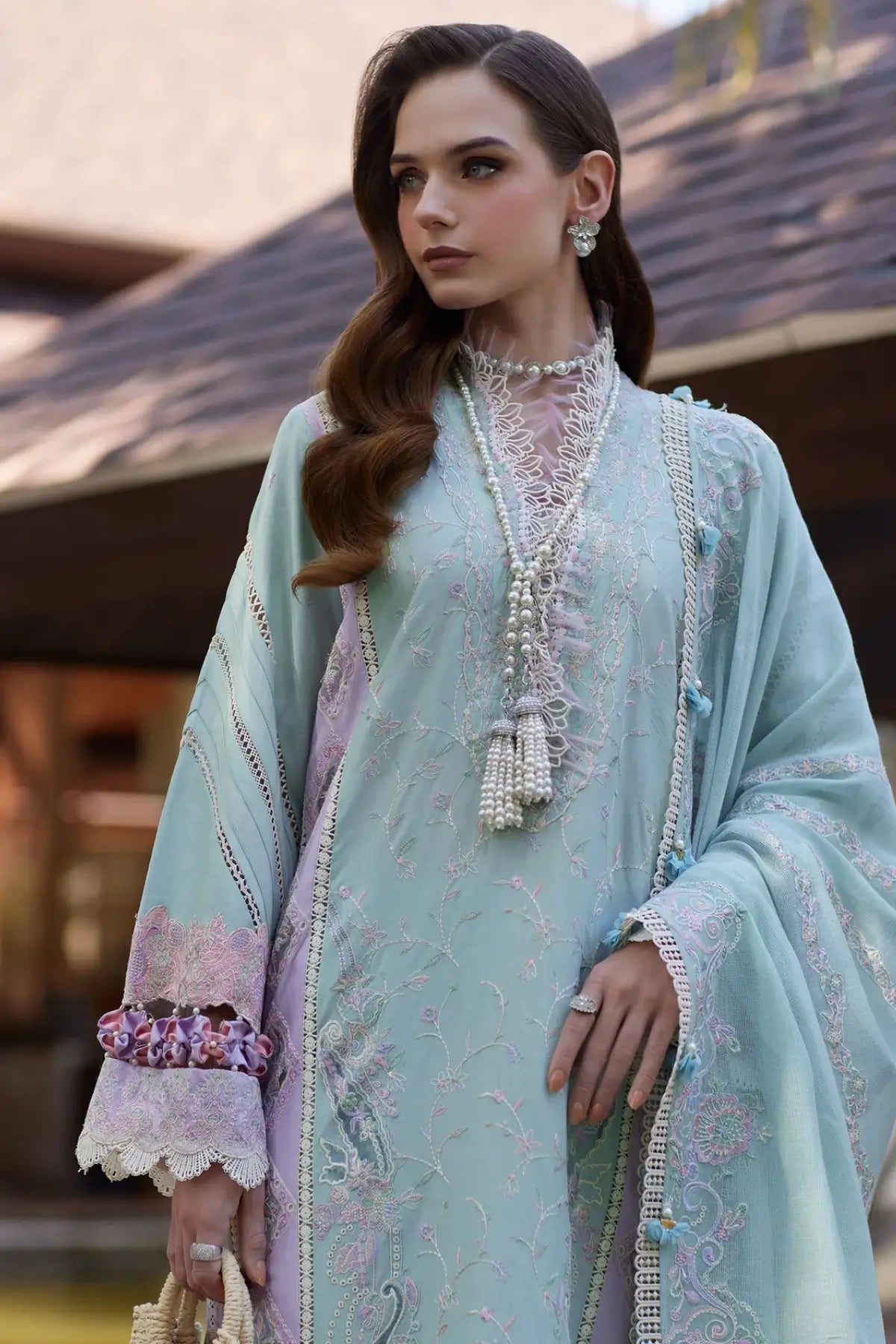 Eliana aqua stitched lawn 3PC suit by Kanwal Malik with floral embroidery and net dupatta at Pakistanimoda
