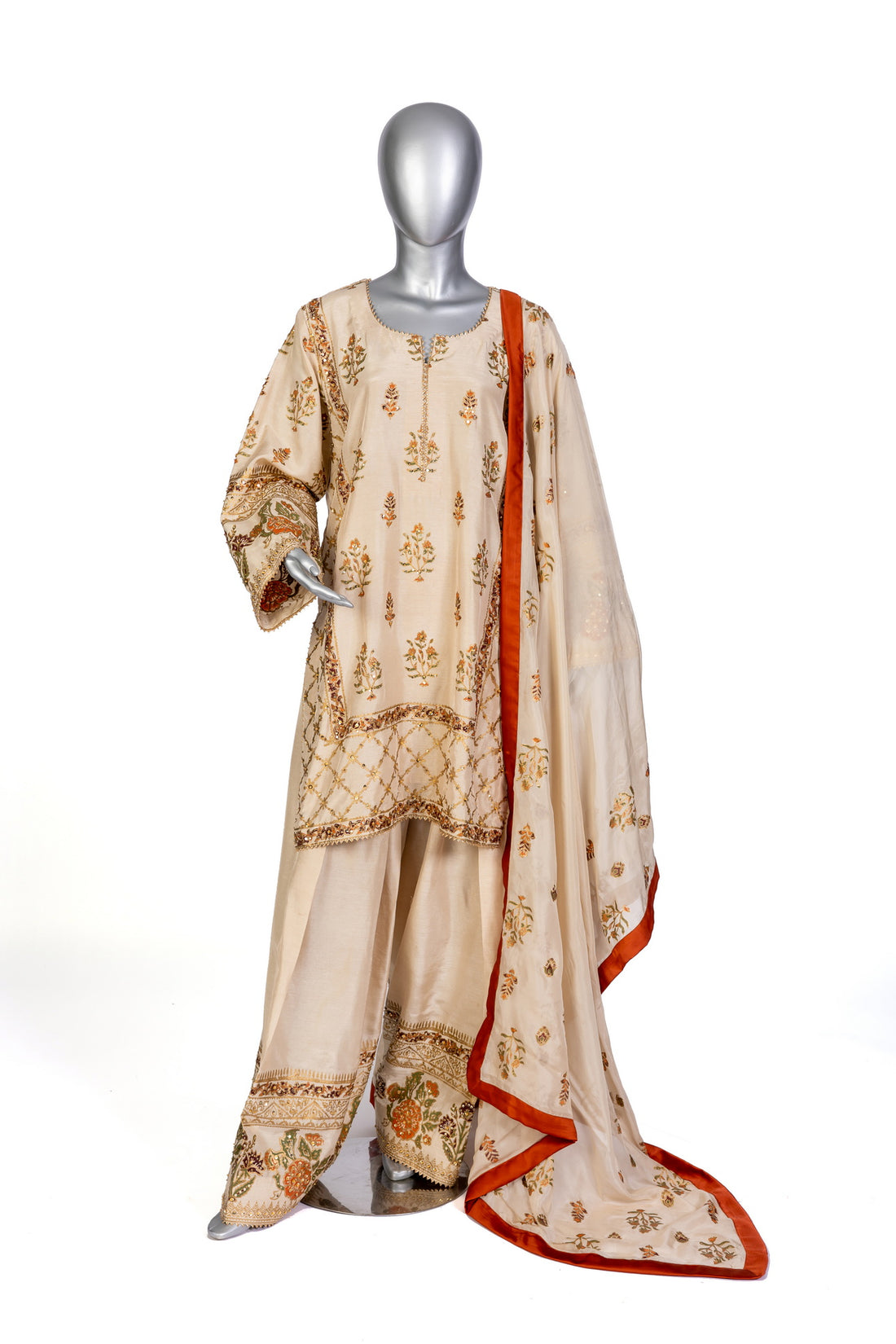 Elisa formal Korean silk shalwar kameez with hand embroidery, block print, and organza dupatta for evening events, dinner parties, and festive occasions by MariamRaj