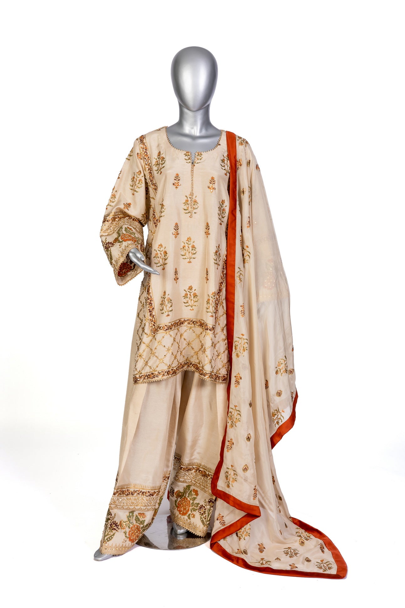 Elisa formal Korean silk shalwar kameez with hand embroidery, block print, and organza dupatta for evening events, dinner parties, and festive occasions by MariamRaj