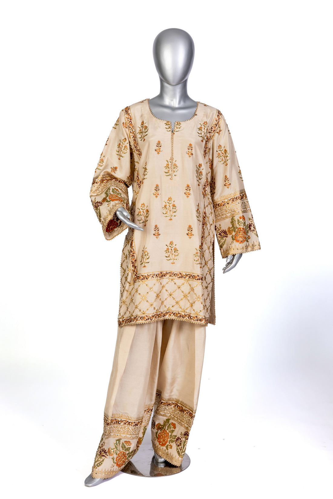 Elisa formal Korean silk shalwar kameez with hand embroidery, block print, and organza dupatta for evening events, dinner parties, and festive occasions by MariamRaj