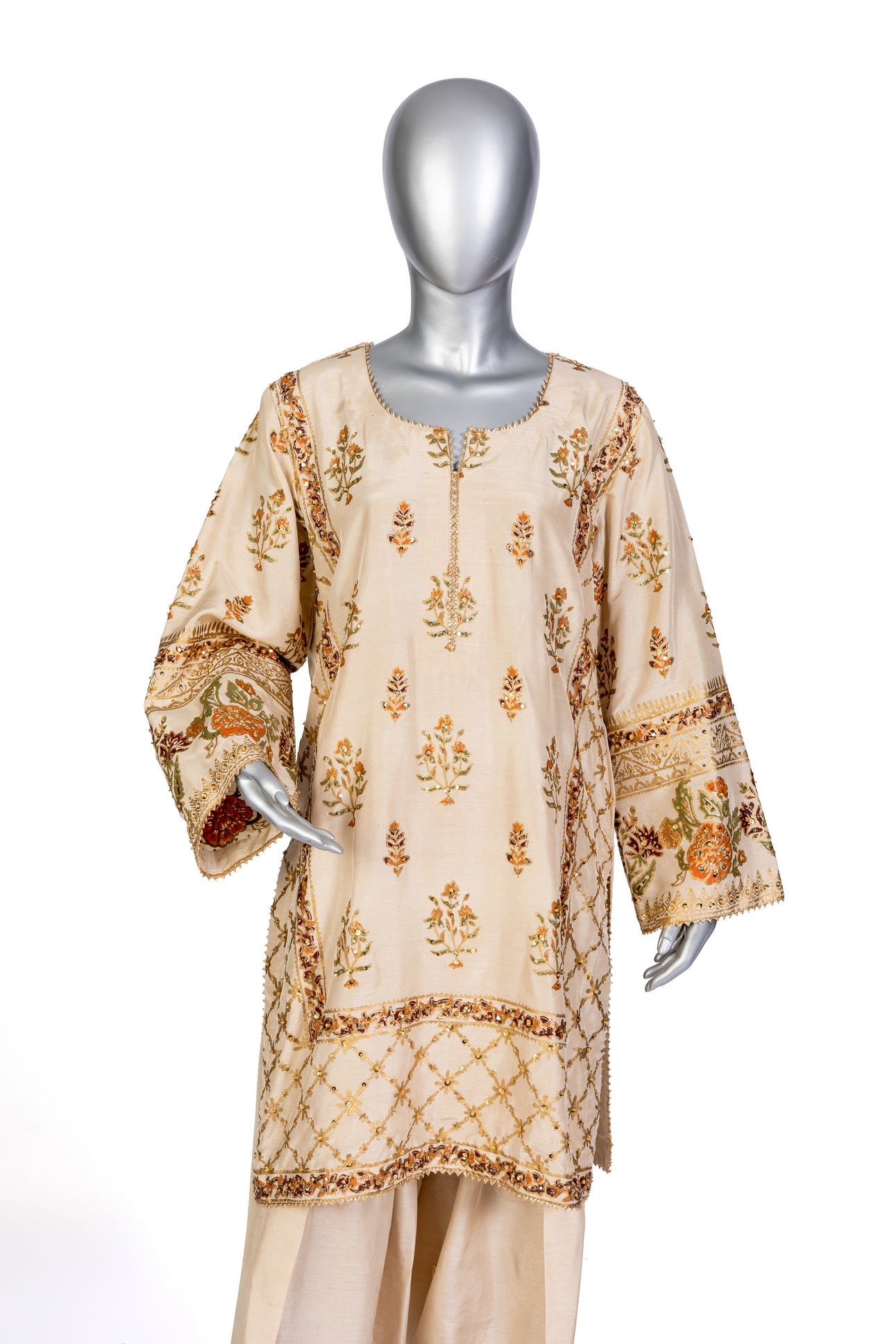 Elisa formal Korean silk shalwar kameez with hand embroidery, block print, and organza dupatta for evening events, dinner parties, and festive occasions by MariamRaj