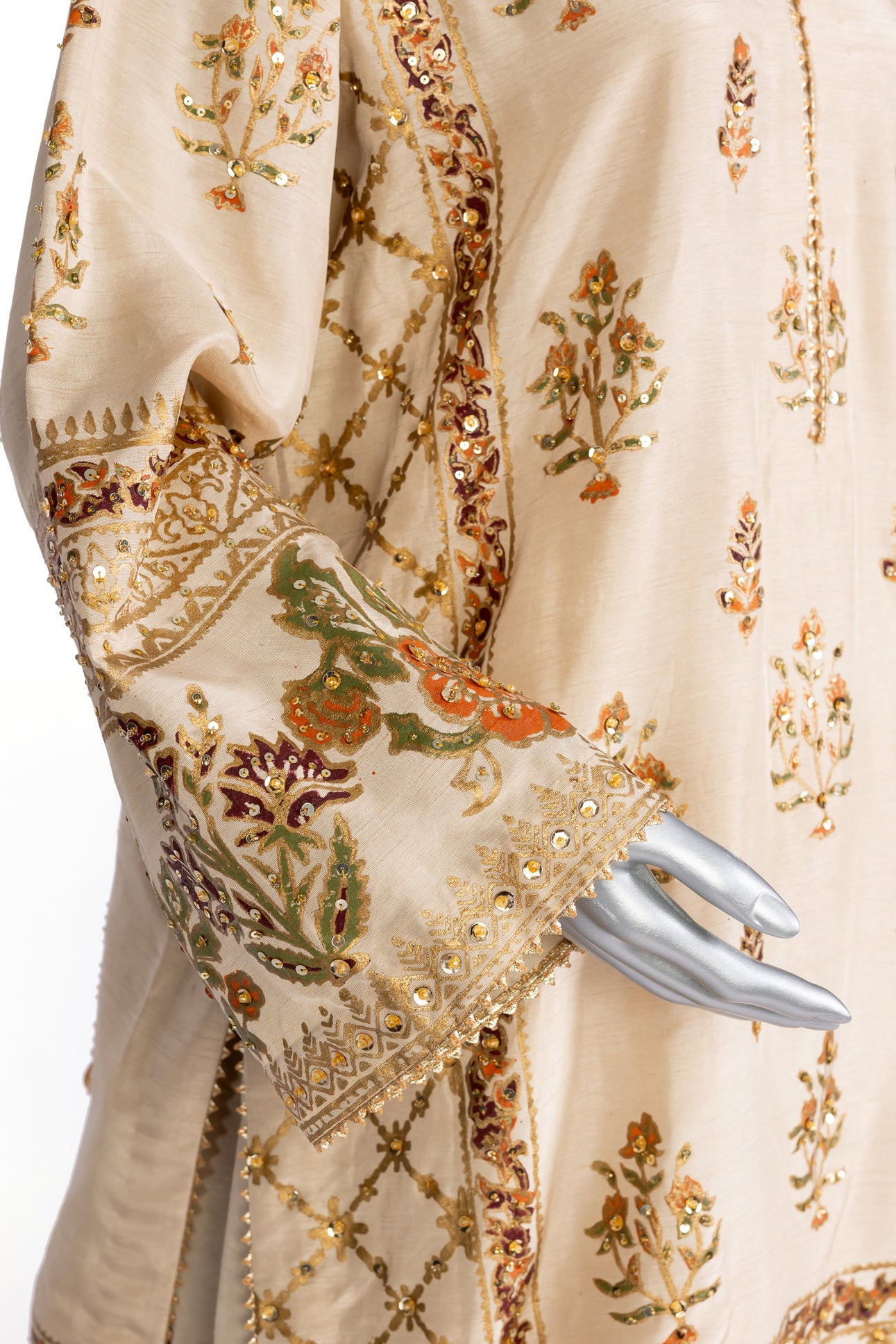 Elisa formal Korean silk shalwar kameez with hand embroidery, block print, and organza dupatta for evening events, dinner parties, and festive occasions by MariamRaj