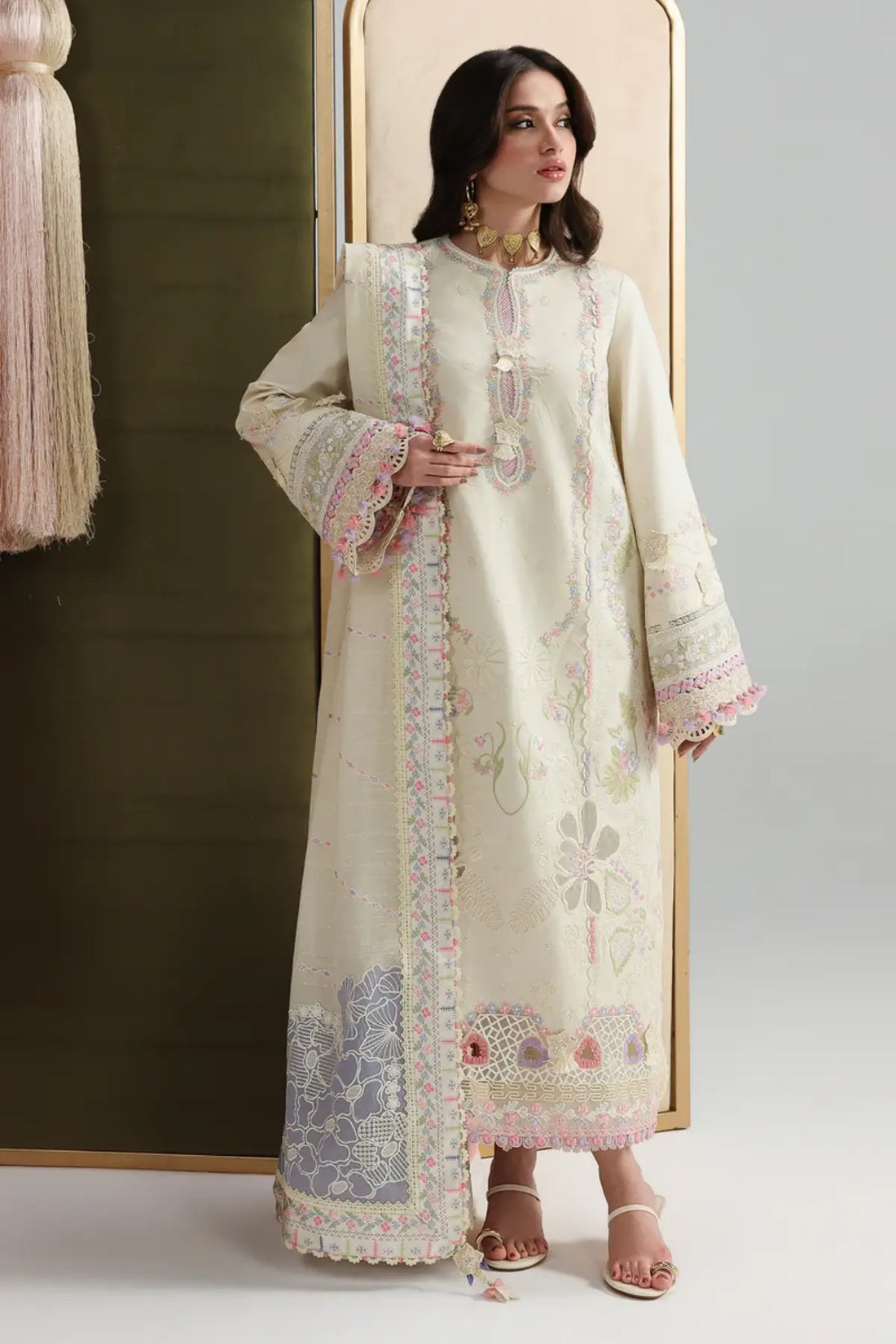 Elma QFL-01 beige stitched embroidered summer lawn 3PC suit with printed dupatta by Qalamkar 2026