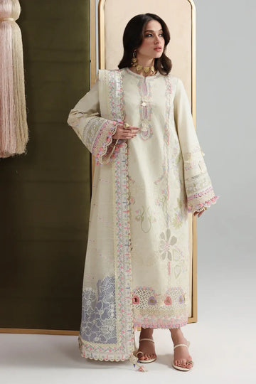 Elma QFL-01 beige stitched embroidered summer lawn 3PC suit with printed dupatta by Qalamkar 2026