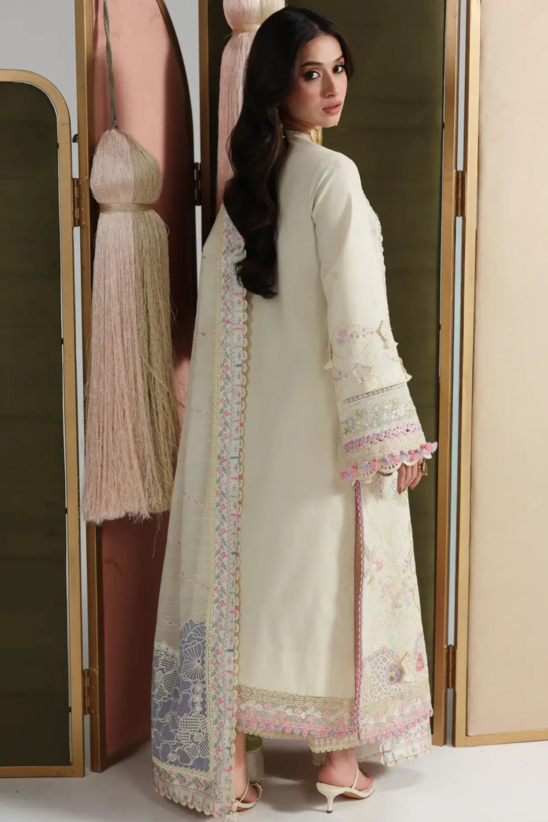 Elma QFL-01 beige stitched embroidered summer lawn 3PC suit with printed dupatta by Qalamkar 2026
