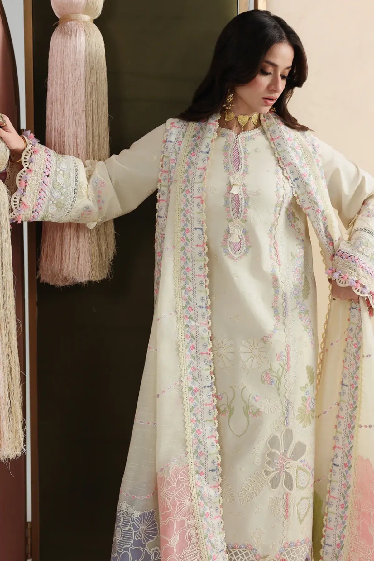 Elma QFL-01 beige stitched embroidered summer lawn 3PC suit with printed dupatta by Qalamkar 2026