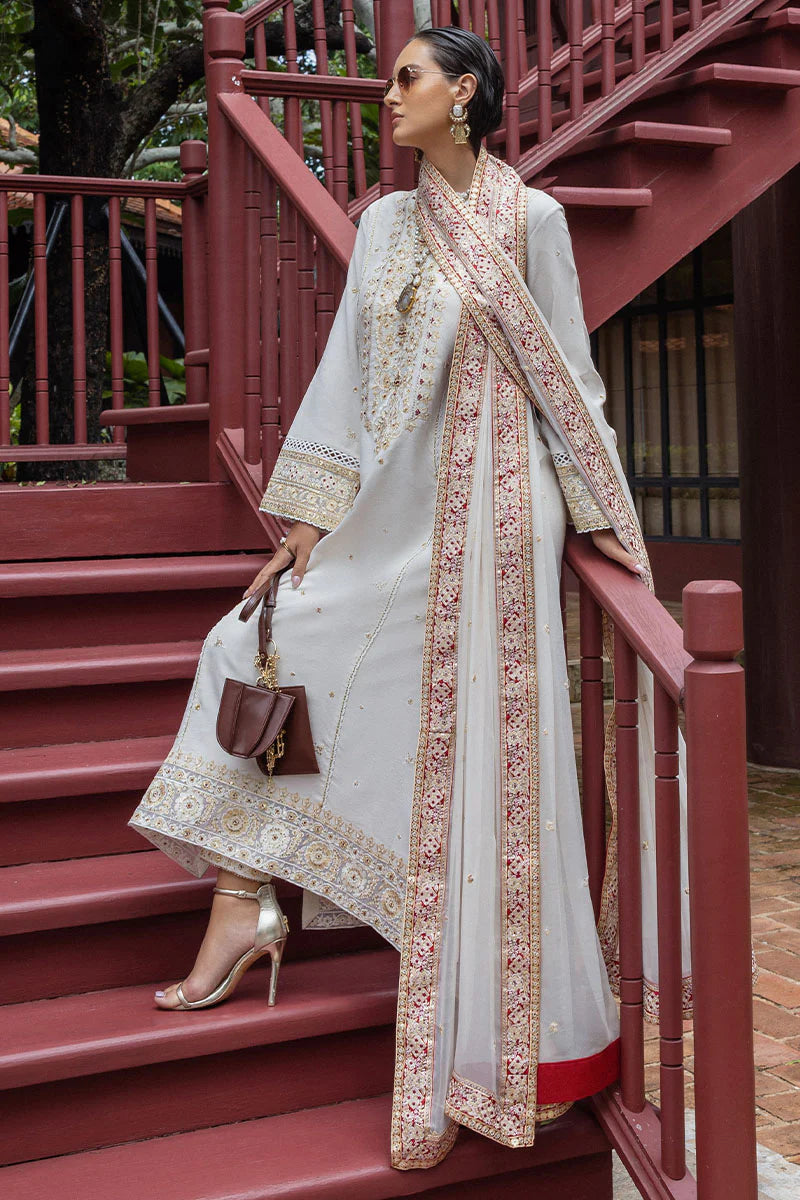 Elnaz off white raw silk embroidered outfit with chiffon dupatta – stitched dinner & evening wear dress.