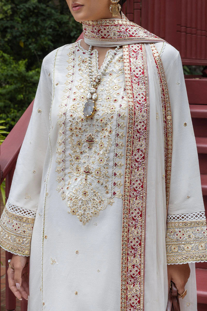Elnaz off white raw silk embroidered outfit with chiffon dupatta – stitched dinner & evening wear dress.
