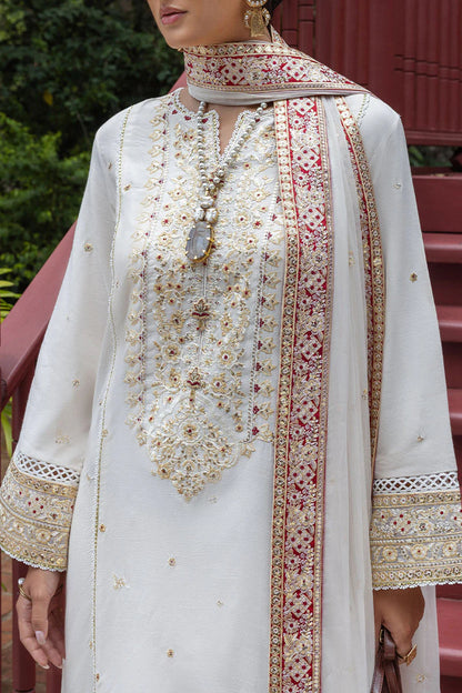 Elnaz off white raw silk embroidered outfit with chiffon dupatta – stitched dinner & evening wear dress.