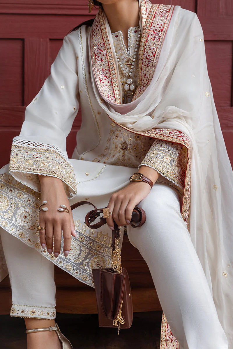 Elnaz off white raw silk embroidered outfit with chiffon dupatta – stitched dinner & evening wear dress.