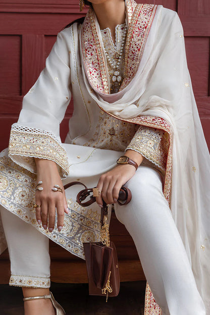 Elnaz off white raw silk embroidered outfit with chiffon dupatta – stitched dinner & evening wear dress.