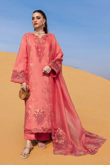 Elnaz Rang Rasiya coral lawn formal stitched outfit with embroidery and organza detailing
