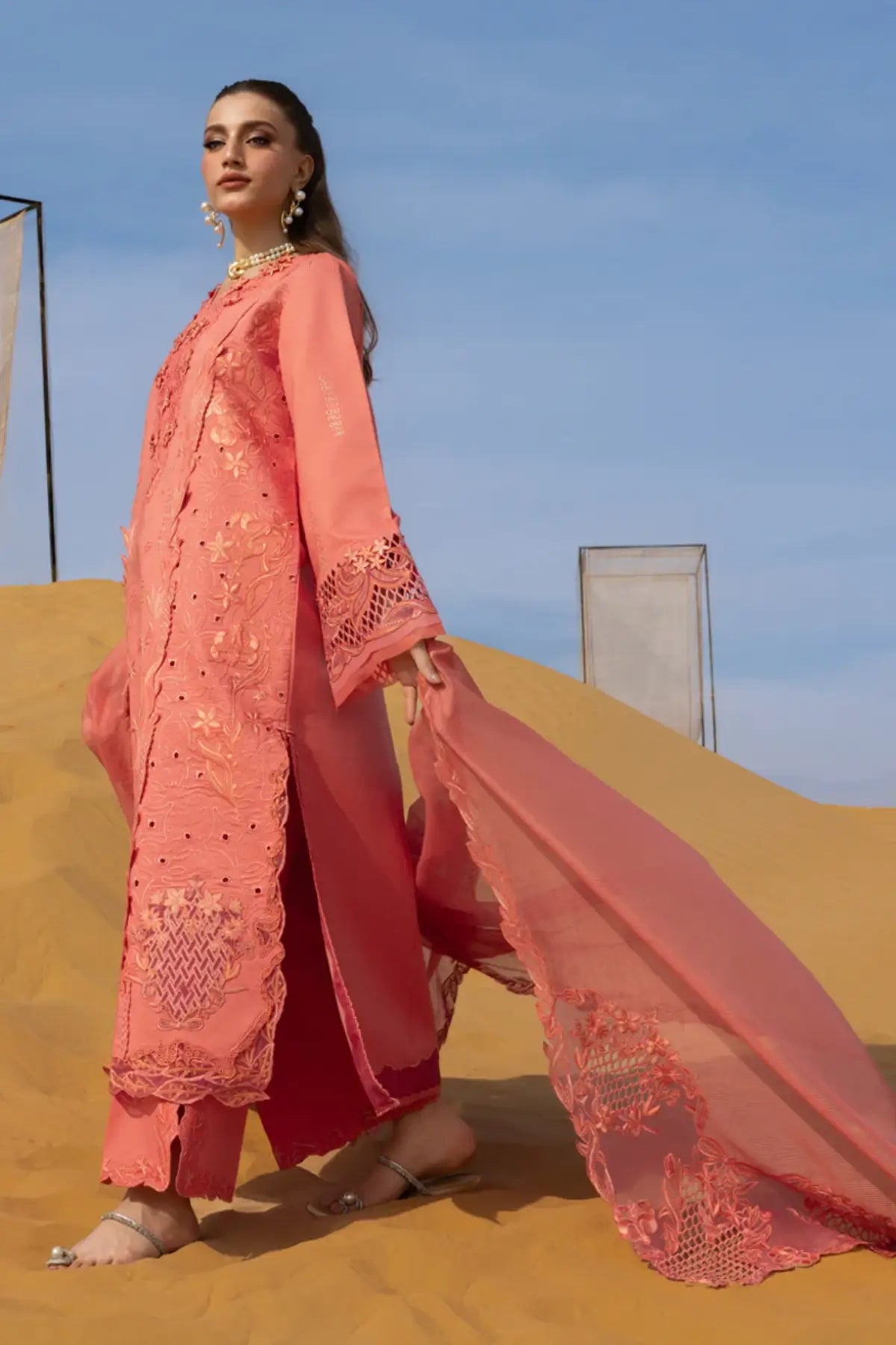 Elnaz Rang Rasiya coral lawn formal stitched outfit with embroidery and organza detailing