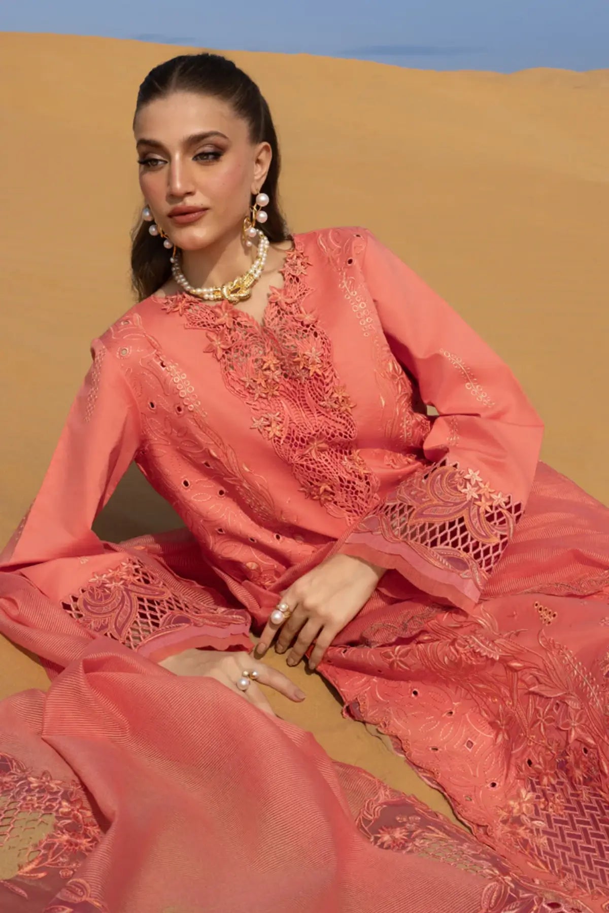 Elnaz Rang Rasiya coral lawn formal stitched outfit with embroidery and organza detailing