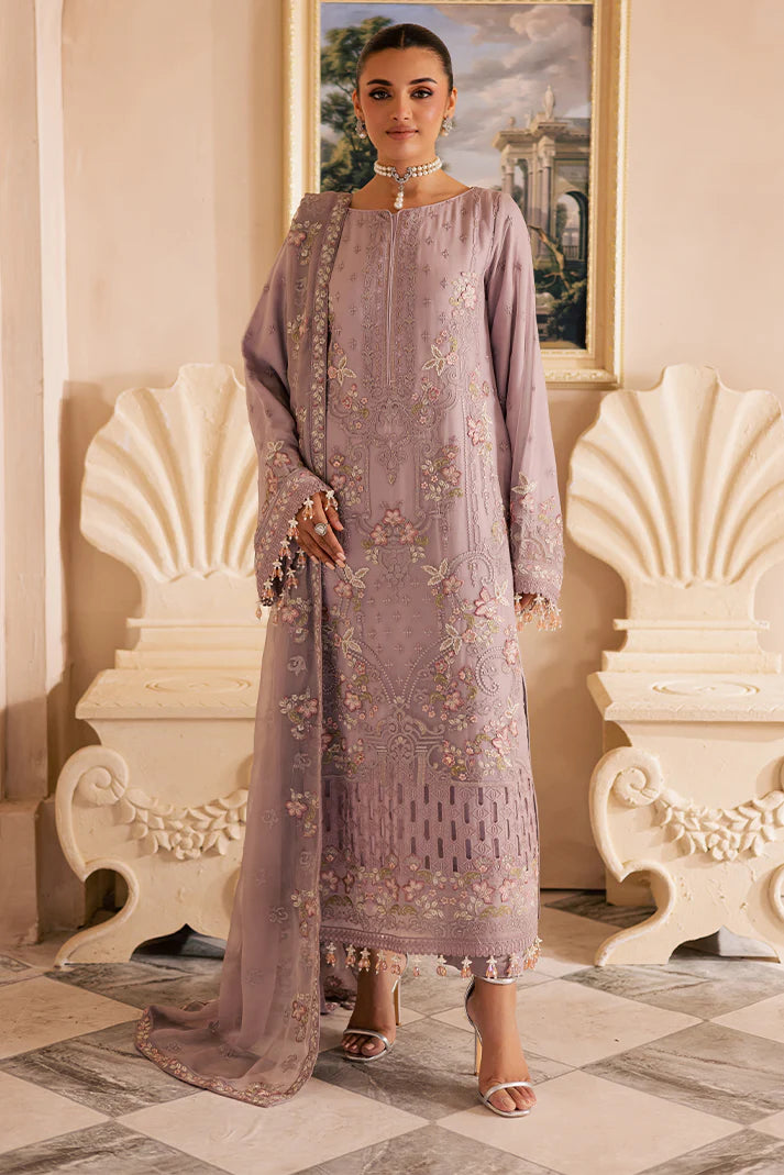Soft lilac Pakistani chiffon suit with embroidered dupatta, organza borders, and raw silk trouser – ideal for Eid and formal wear in USA, UK, and Canada.


