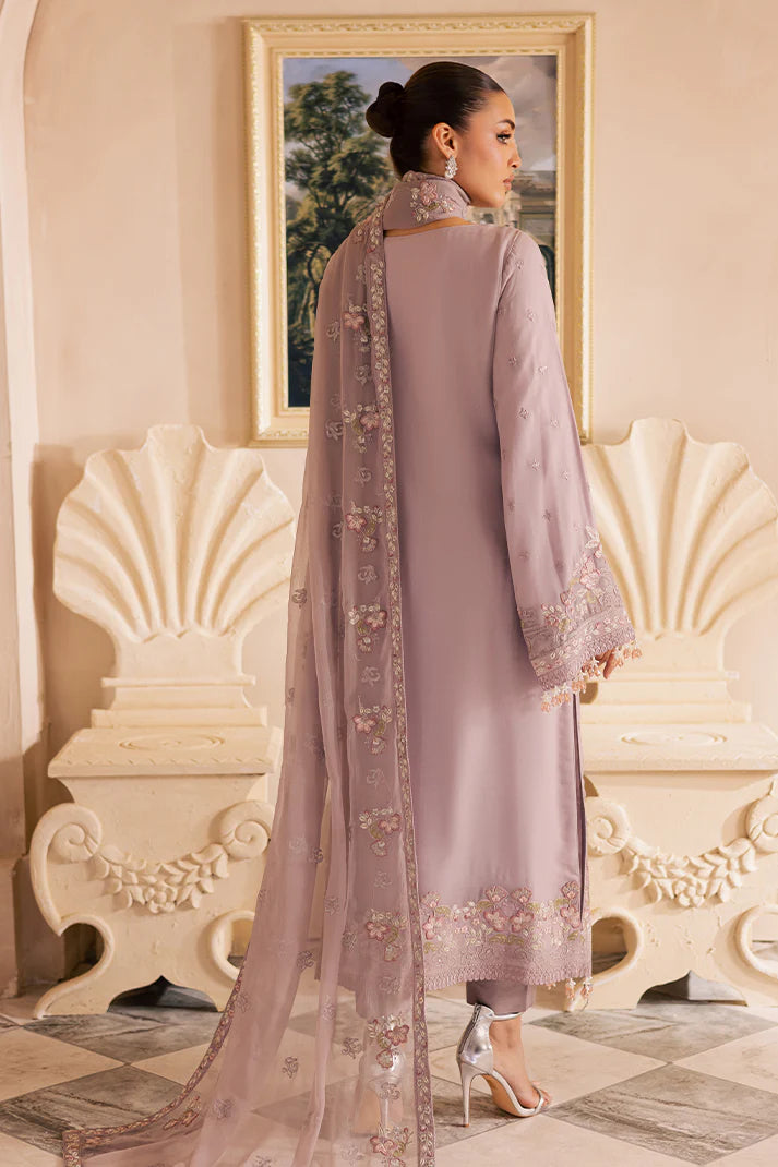 Soft lilac Pakistani chiffon suit with embroidered dupatta, organza borders, and raw silk trouser – ideal for Eid and formal wear in USA, UK, and Canada.

