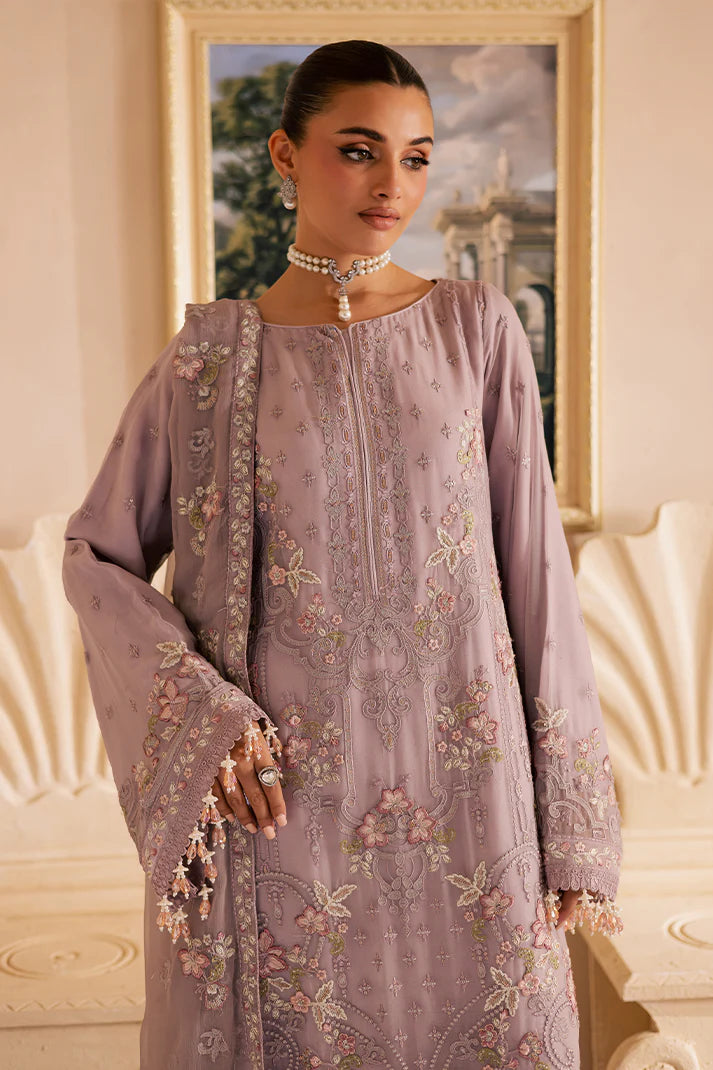 Soft lilac Pakistani chiffon suit with embroidered dupatta, organza borders, and raw silk trouser – ideal for Eid and formal wear in USA, UK, and Canada.

