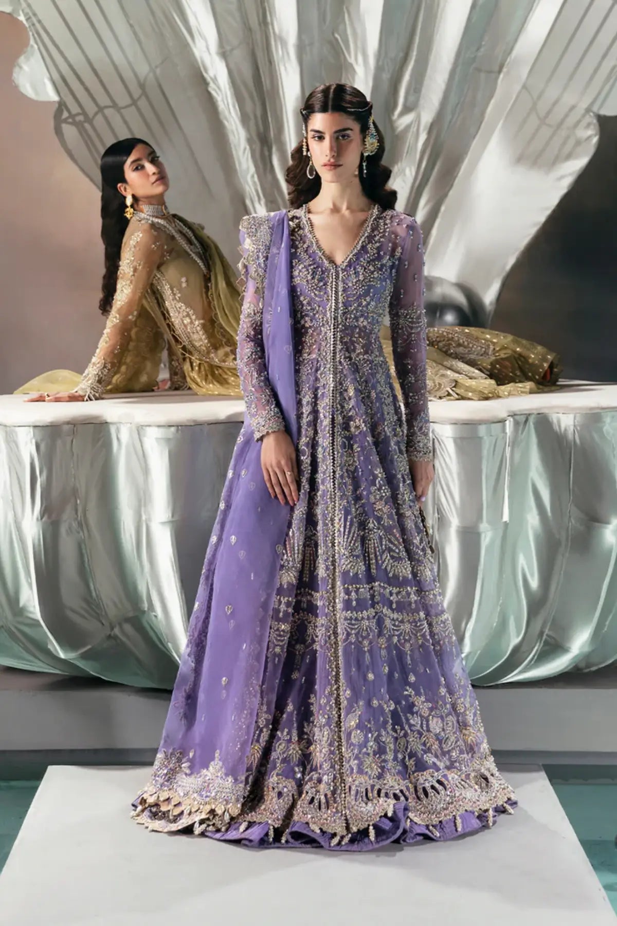 Eloah Afrozeh lilac festive organza embroidered pishwas with heavy embellishments available at Pakistanimoda.