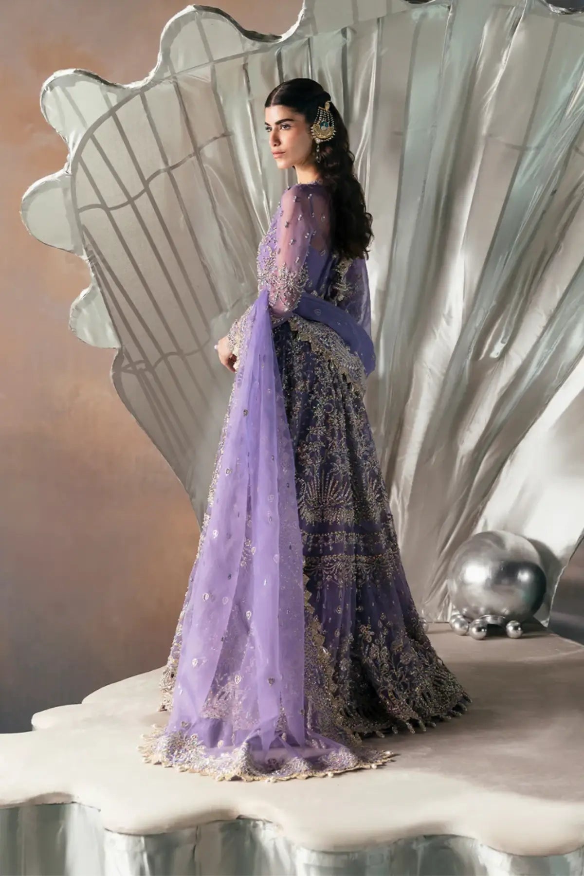 Eloah Afrozeh lilac festive organza embroidered pishwas with heavy embellishments available at Pakistanimoda.