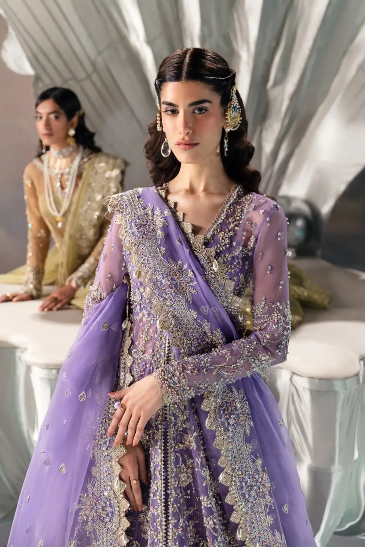 Eloah Afrozeh lilac festive organza embroidered pishwas with heavy embellishments available at Pakistanimoda.