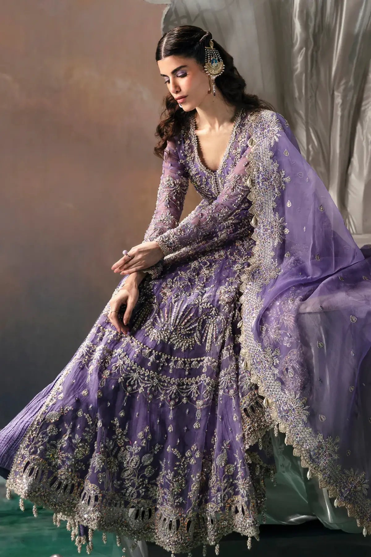 Eloah Afrozeh lilac festive organza embroidered pishwas with heavy embellishments available at Pakistanimoda.