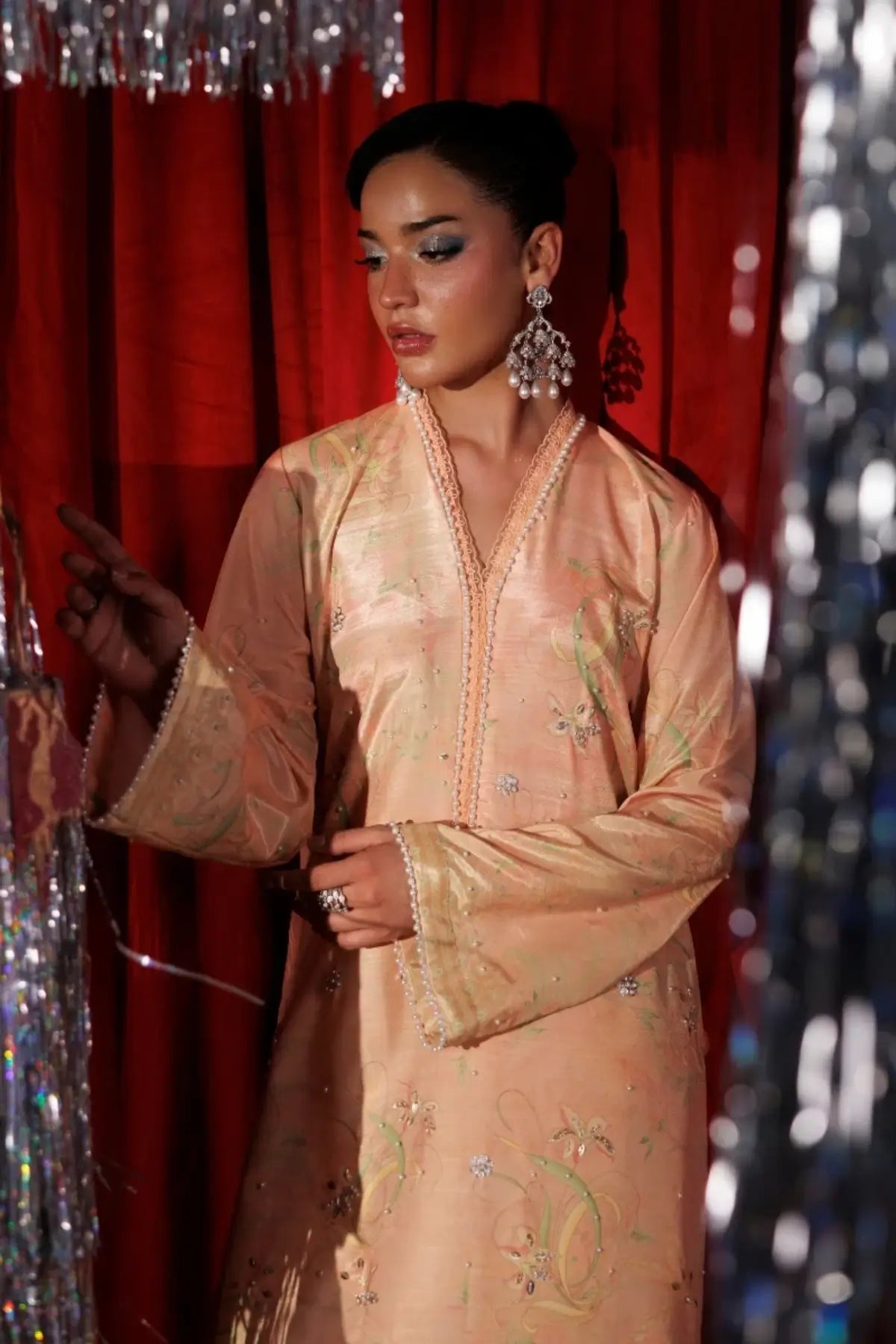 Eloire peach hand embellished printed raw silk stitched 3PC Pakistani suit with printed Tusser silk dupatta
