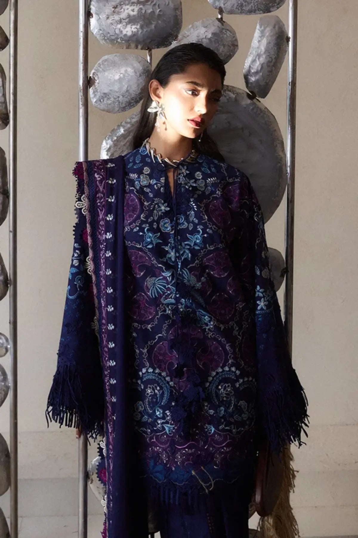 Elora blue Eid ready embroidered lawn 3PC suit by Suffuse with chiffon dupatta