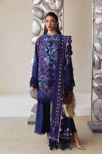Elora blue Eid ready embroidered lawn 3PC suit by Suffuse with chiffon dupatta