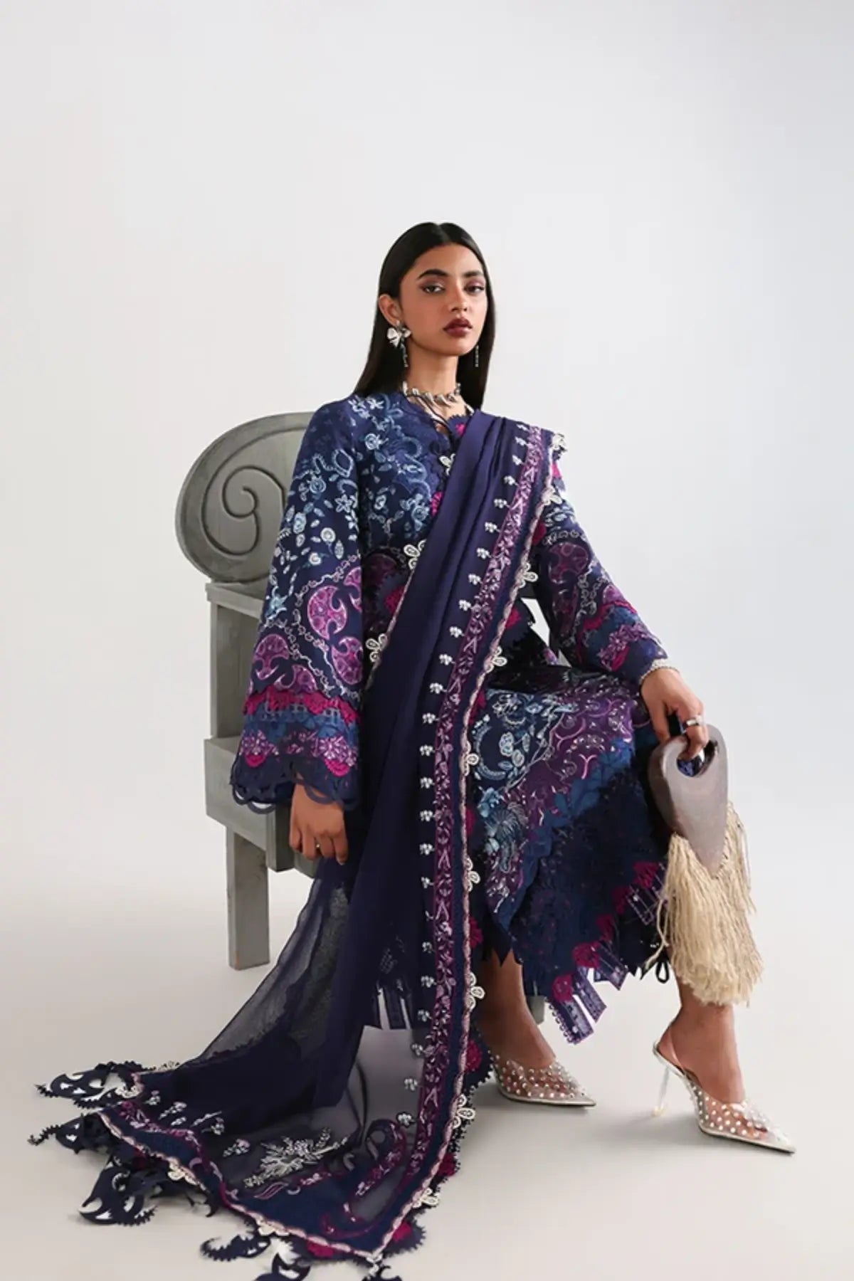 Elora blue Eid ready embroidered lawn 3PC suit by Suffuse with chiffon dupatta