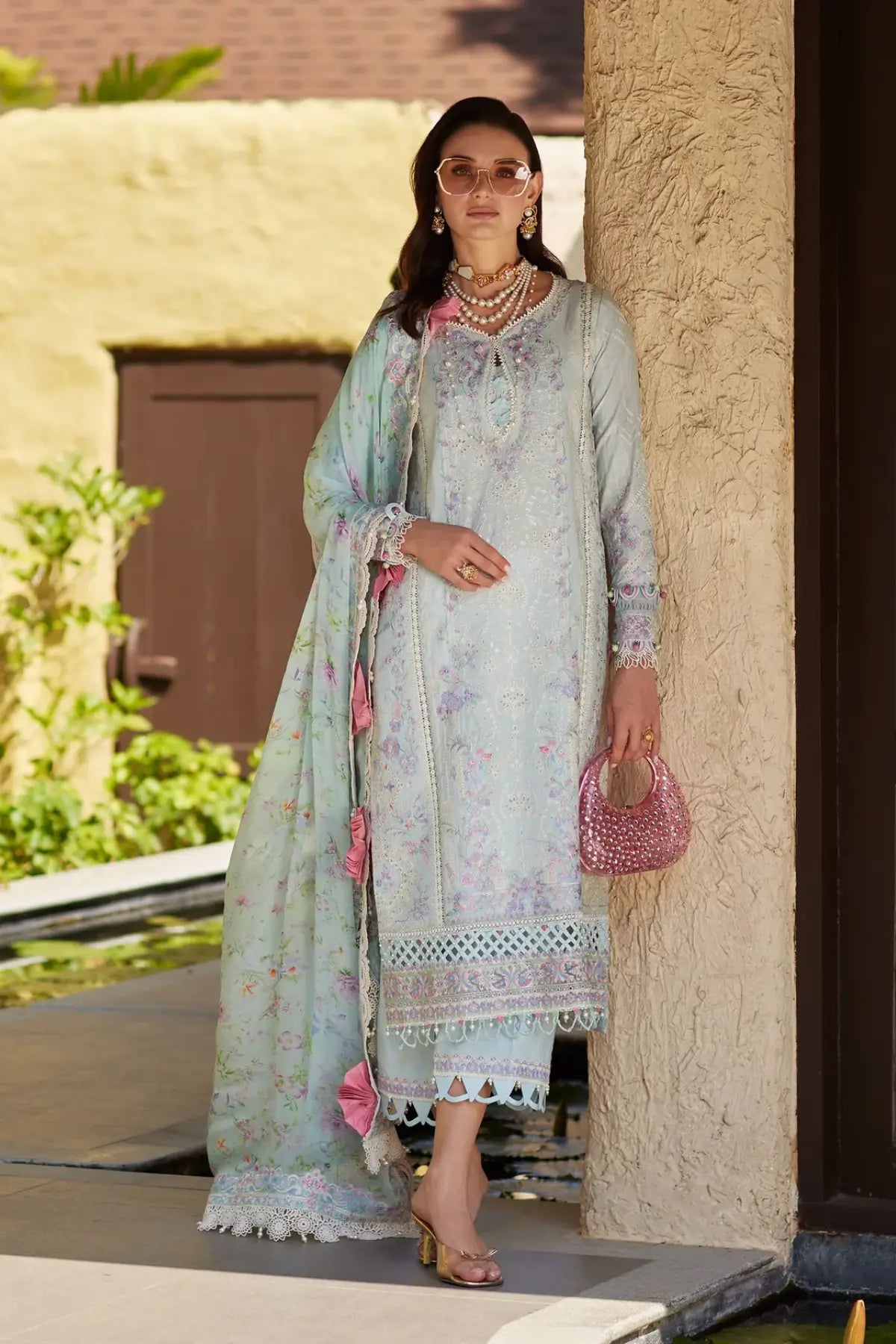 Elora powder blue stitched lawn 3PC suit by Kanwal Malik with embroidery and chiffon dupatta by Pakistanimoda