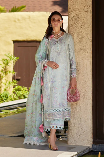 Elora powder blue stitched lawn 3PC suit by Kanwal Malik with embroidery and chiffon dupatta by Pakistanimoda