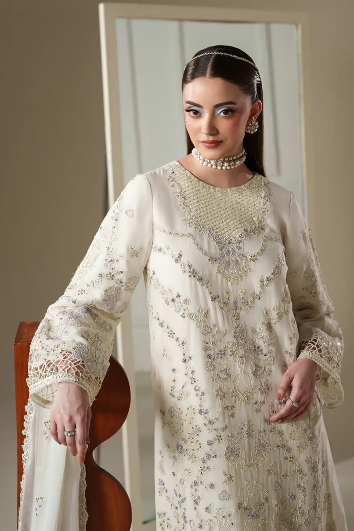 Elosie Emaan Adeel Nouvelle Luxury Chiffon Ivory Embroidered Stitched 3PC Suit | Pakistanimoda