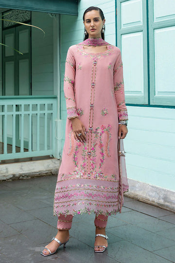 Elowen luxury stitched pink raw silk outfit with chiffon dupatta & trousers – designer party & evening wear.