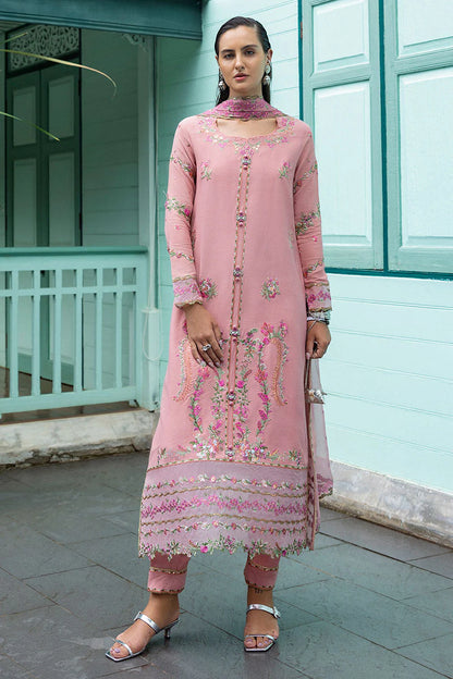 Elowen luxury stitched pink raw silk outfit with chiffon dupatta & trousers – designer party & evening wear.