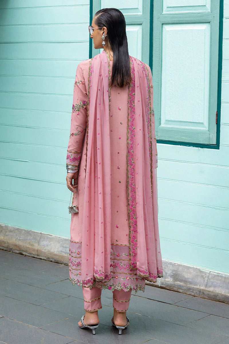 Elowen luxury stitched pink raw silk outfit with chiffon dupatta & trousers – designer party & evening wear.