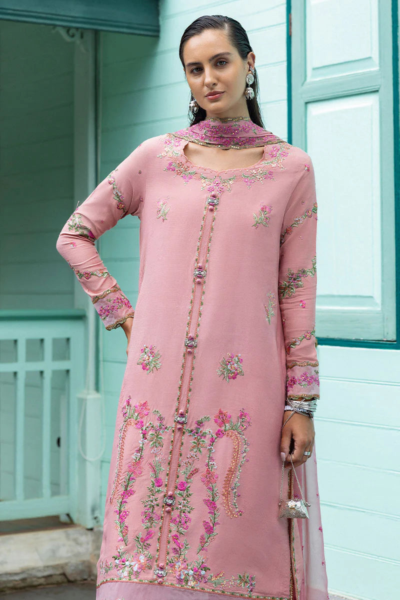 Elowen luxury stitched pink raw silk outfit with chiffon dupatta & trousers – designer party & evening wear.