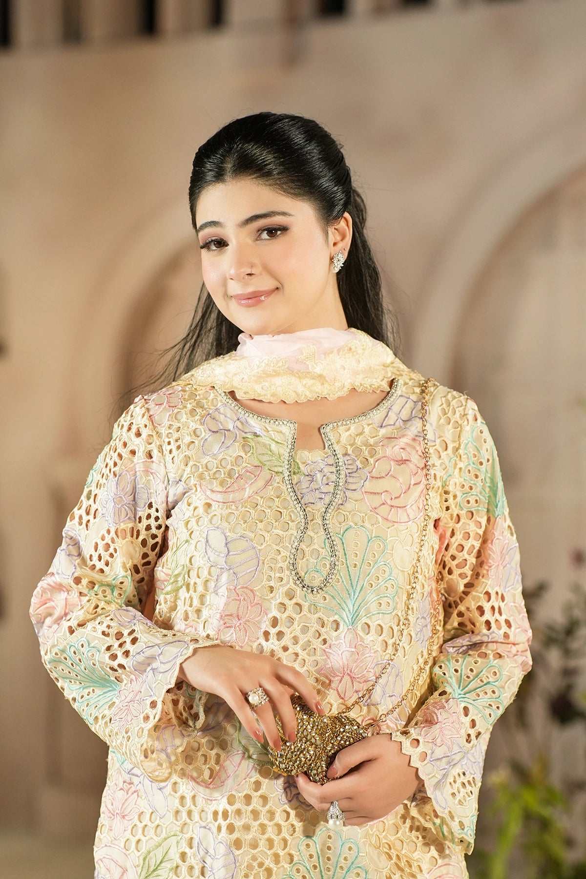 Elowen Ivory Floral Cutwork Sheesha Silk Designer 3PC Set with Balloon Pants and Medium Silk Choker Dupatta by MariamRaj