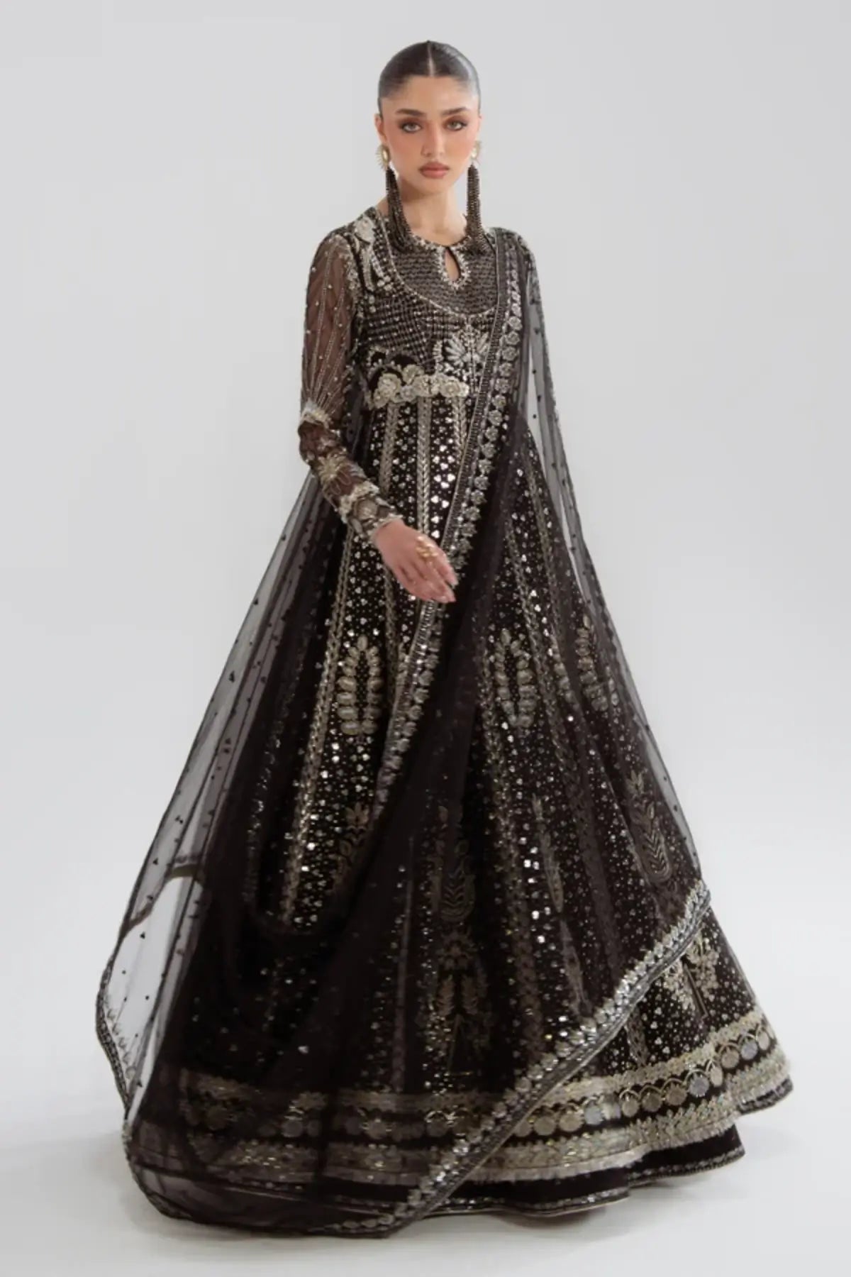 Elowen Soraya black Chanderi silk Anarkali with raw silk lehenga and embroidered net dupatta