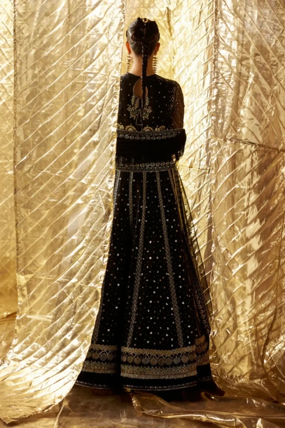 Elowen Soraya black Chanderi silk Anarkali with raw silk lehenga and embroidered net dupatta