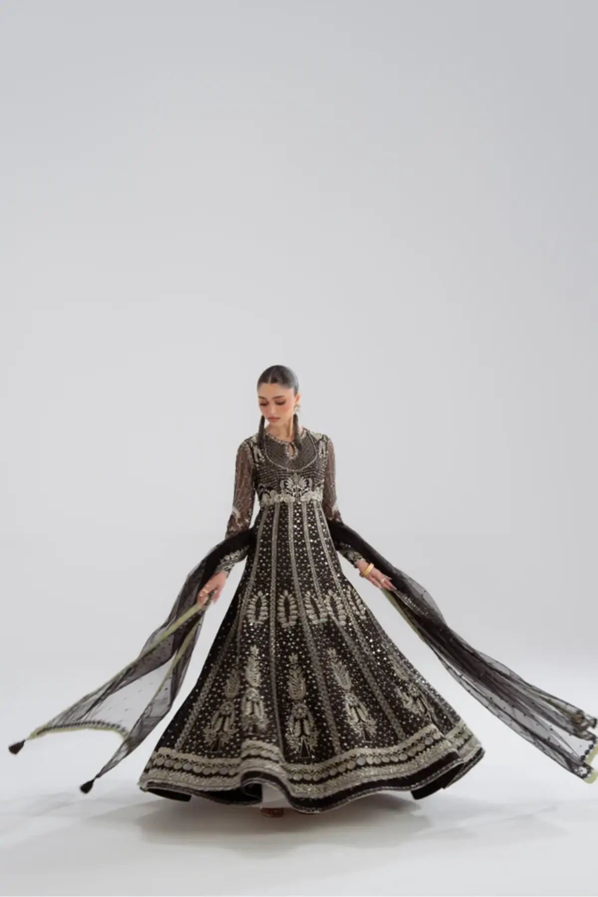 Elowen Soraya black Chanderi silk Anarkali with raw silk lehenga and embroidered net dupatta