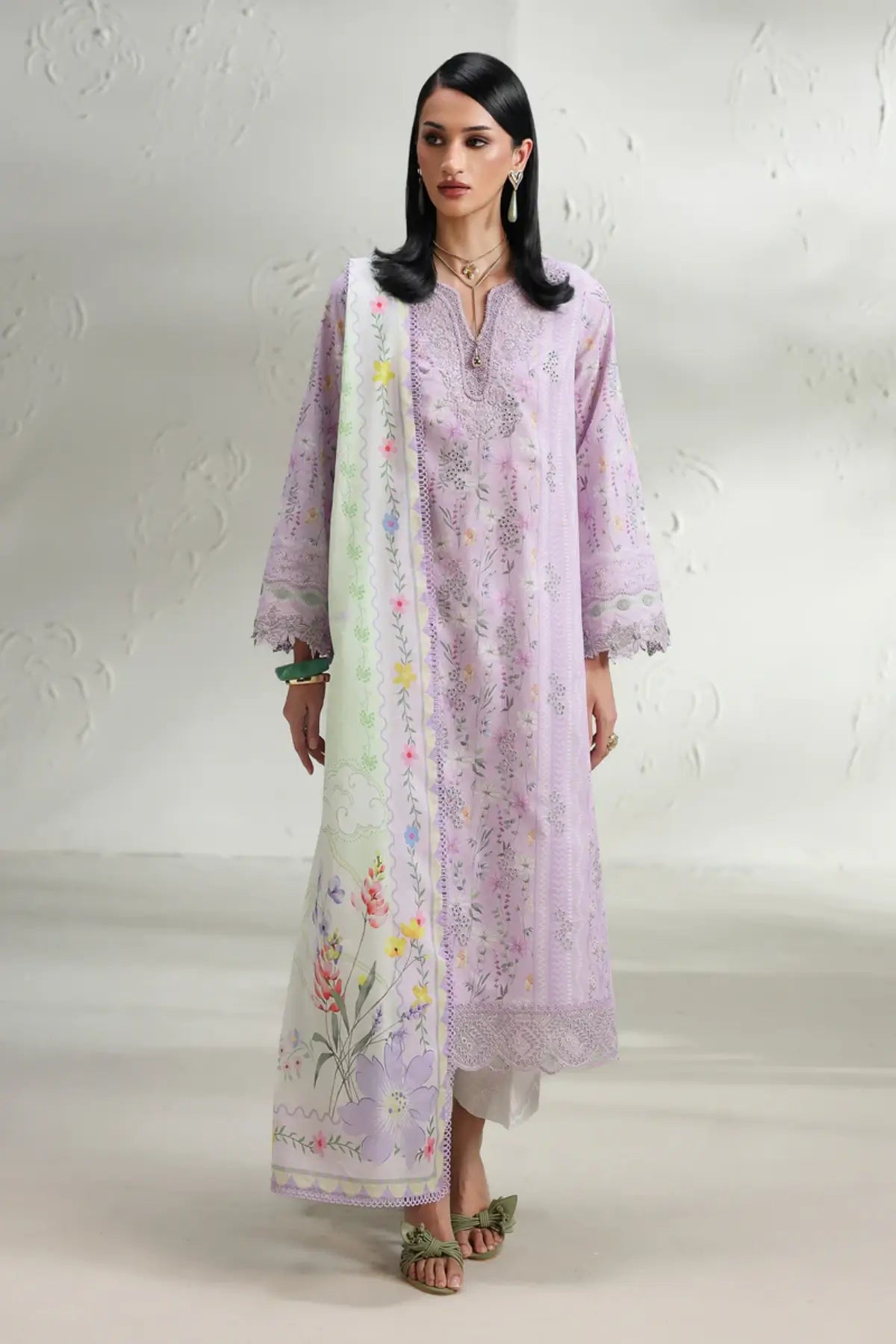 Elsie QQP-08(B) by Qalamkar pastel lilac lawn stitched 3PC suit with chikankari embroidery, printed lawn dupatta, and plain cotton trousers.