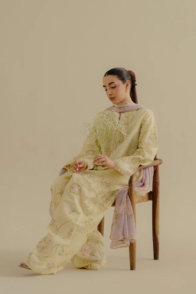 Elva-1A- A soft buttercup yellow embroidered suit By- Zara Shahjahan
