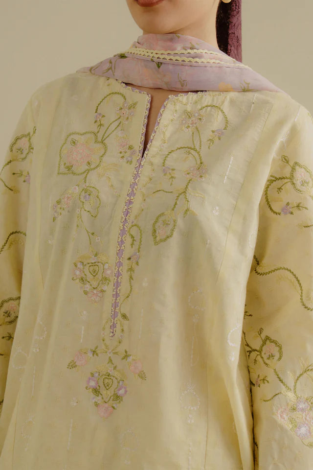Elva-1A- A soft buttercup yellow embroidered suit By- Zara Shahjahan