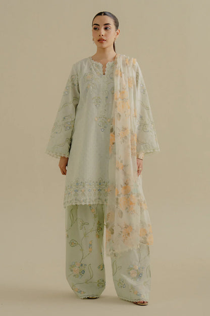 Elva-1B- Cool mint green jacquard ensemble By- Zara Shahjahan