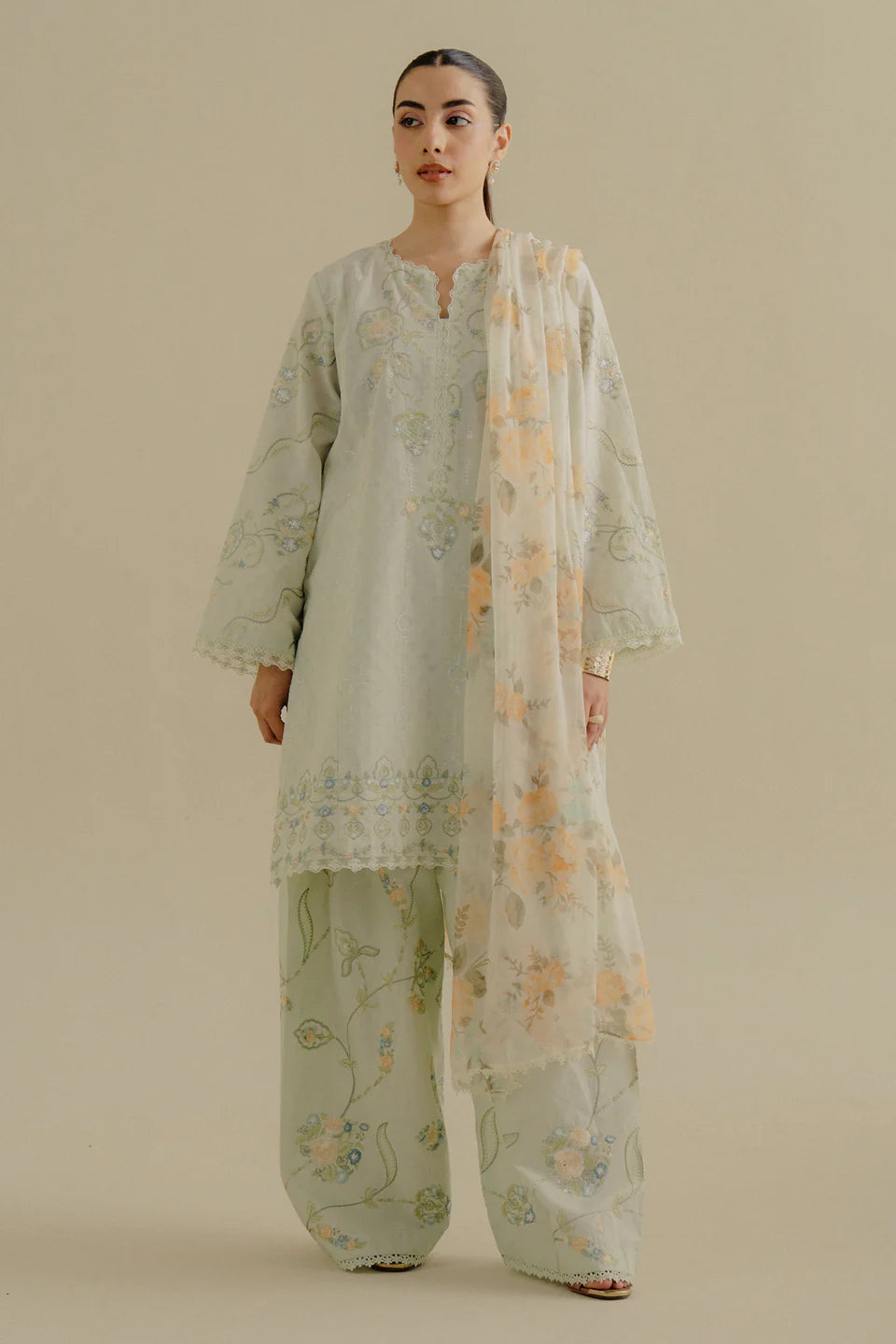 Elva-1B- Cool mint green jacquard ensemble By- Zara Shahjahan