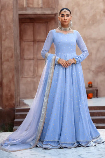 Elvana light blue embroidered chiffon pishwas with net dupatta and raw silk trouser