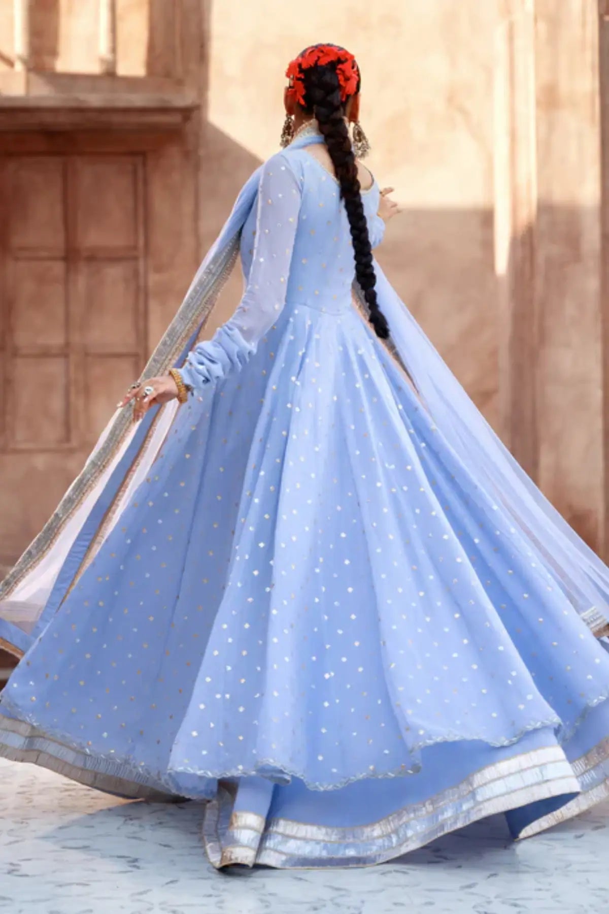Elvana light blue embroidered chiffon pishwas with net dupatta and raw silk trouser