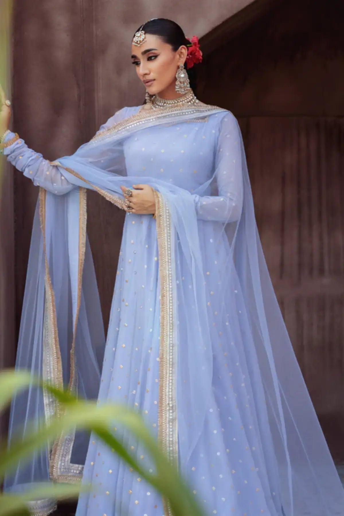 Elvana light blue embroidered chiffon pishwas with net dupatta and raw silk trouser