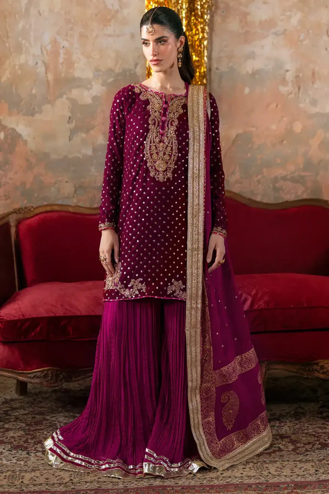 Elvina Maya Pret magenta rose velvet Eid outfit stitched festive wear.