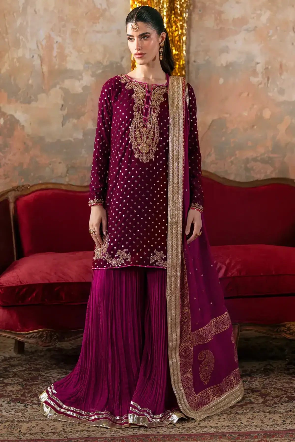 Elvina Maya Pret magenta rose velvet Eid outfit stitched festive wear.
